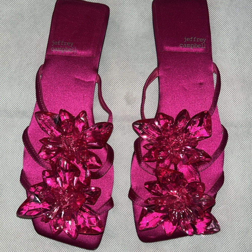 Jeffrey Campbell Fuschia pink flower gem detail strappy flat sandals